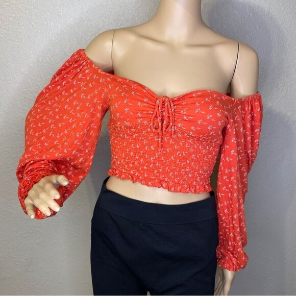 Urban Outfitters Off Shoulder Long Sleeve Crop Top Orange White Floral Medium - Picture 2 of 13